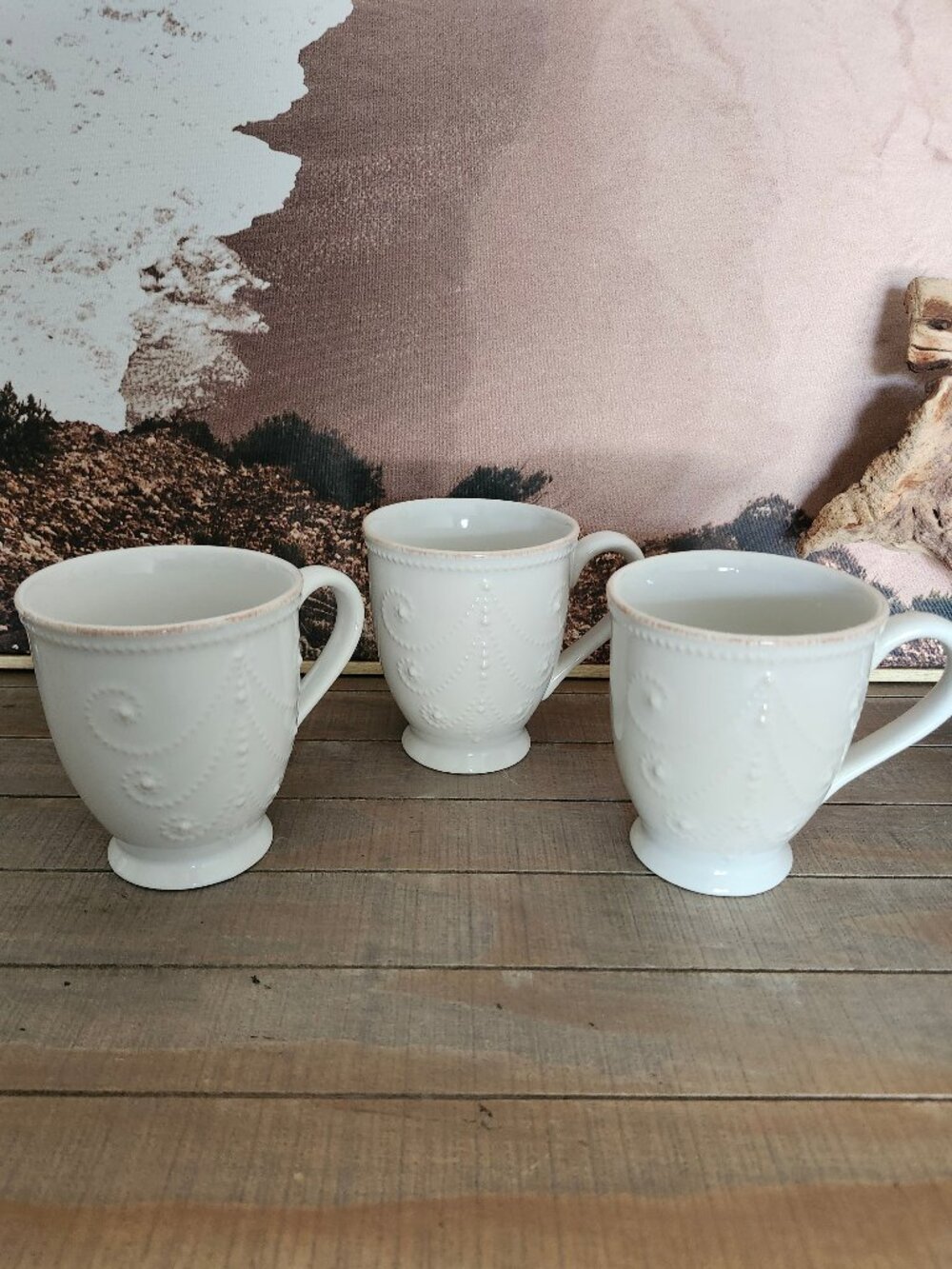LENOX French Perle Creme Set of 3 12oz Ceramic Mugs Embossed Bead Shabby Chic